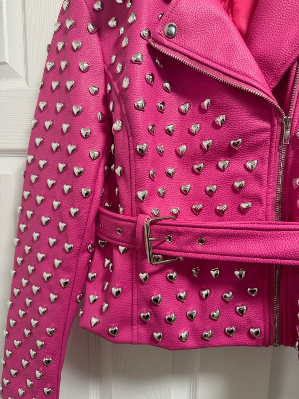 AKIRA Bright Pink Heart-Studded Belted Moto Jacket. New never worn. - Picture 2 of 4